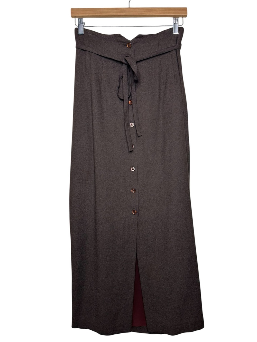 Vintage 90s Express Brown Button-Front Maxi Skirt w Tie Waist Labeled Size 9/10